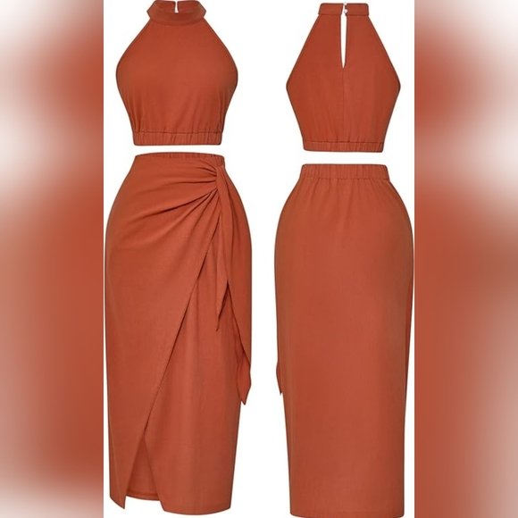 Halter top and side tie skirt set- Brand new with tags. Burnt orange - Picture 2 of 5